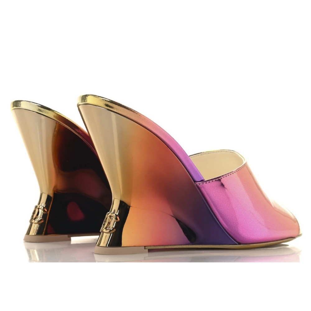 CHANEL Laminated Calfskin Wedge Mules 37.5 Pink Orange Yellow Multicolor CC logo